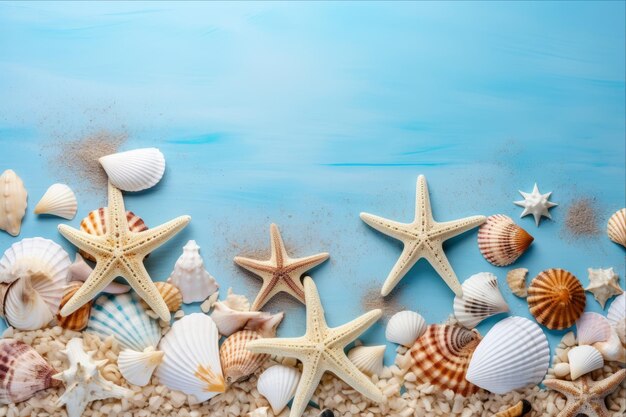 Tesouros do Oceano Conchas e Estrelas de Mar Brilhando sobre um fundo azul sereno