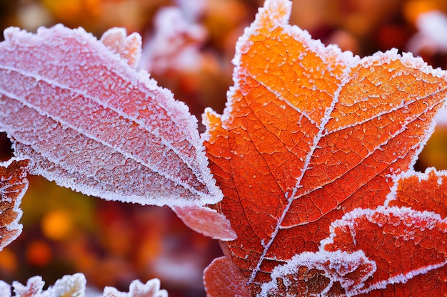 Tessellierte kreative Herbstblätter mit Frost bedeckt Waldbodenmuster 3D-Illustration mit braunem, rotem und orangefarbenem Hintergrund