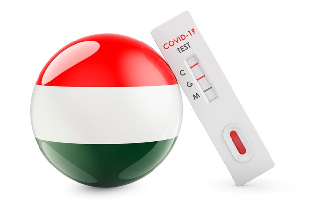 Teste de diagnóstico de coronavírus na Hungria Teste de anticorpos COVID-19 com renderização 3D da bandeira húngara.