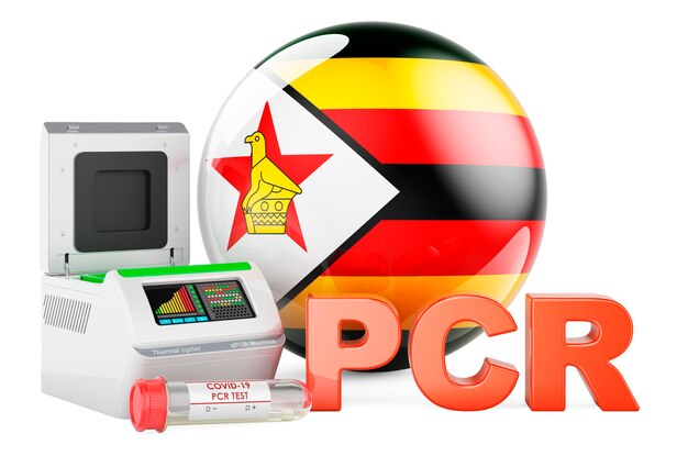 Teste de pcr para covid-19 no conceito de ciclista térmica de pcr no zimbábue com renderização 3d da bandeira do zimbabwe