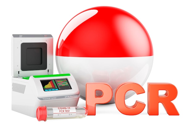 Teste de PCR para COVID19 na Indonésia conceito de ciclador térmico de PCR com renderização 3D da bandeira indonésia