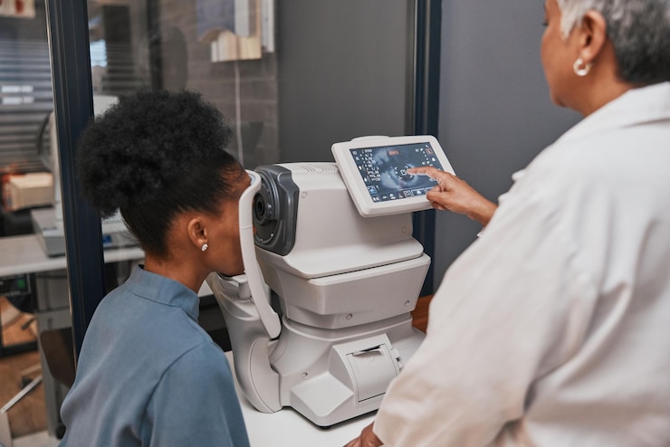 Foto teste de visão digital visão e saúde para oftalmologia ocular e médico com oftalmologia e clínica de oftalmologia tela da máquina e mulher negra com serviço de optometrista sênior e exame médico
