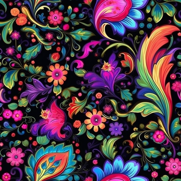 Teste padrão floral colorido em um fundo preto.