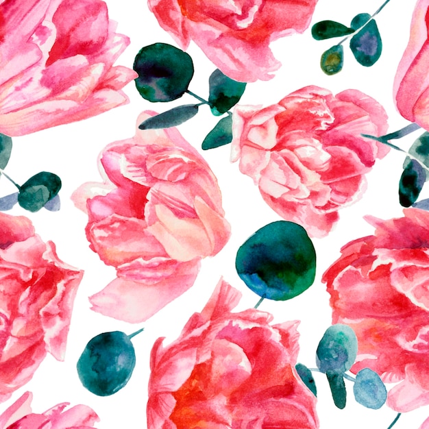 Teste padrão floral colorido, tulipas cor de rosa isoladas no fundo branco. Pintura aquarela