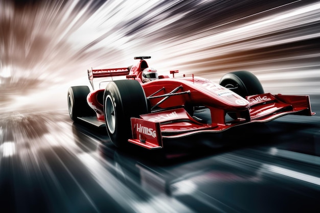 Foto testemunhe a visão emocionante de um carro de corrida vermelho acelerando pelo ar a um ritmo estimulante carro de corridas de fórmula um a alta velocidade com motion blur fundo ai gerado