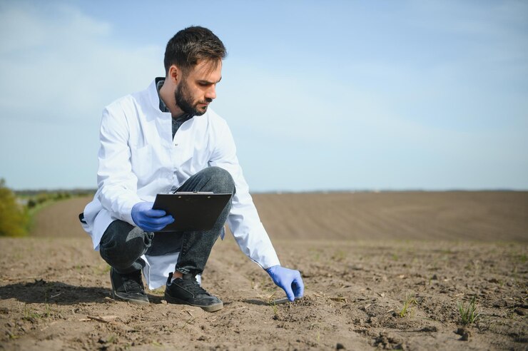 Foto testes de solo agronomia especialista em recolha de amostras de solo para análise de fertilidade mãos de luvas próximas proteção do ambiente certificação de solo orgânico pesquisa de campo