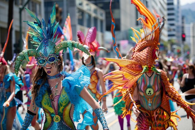 Foto testigo de un desfile de vint como seres fantásticos de una ia generativa