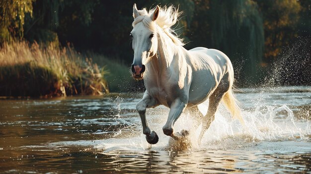 Testigo de la gracia de la naturaleza majestuoso caballo blanco corriendo en aguas limpias en la impresionante vida silvestre