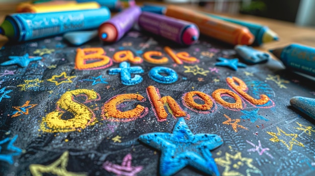 Foto teta colorida desenhada de volta para a escola com letras com fundo realista de lápis