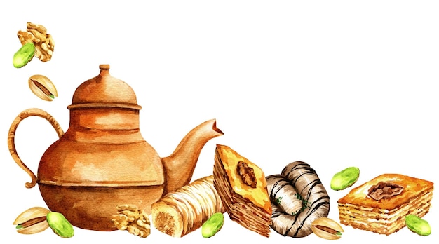 Tetera de acuarela con dulces orientales ilustración de dulces turcos tradicionales baklava con miel