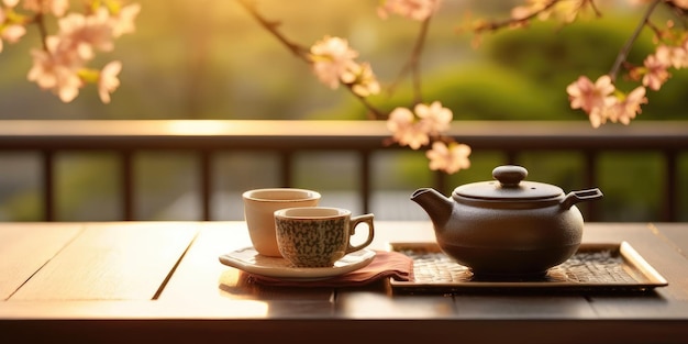 Una tetera de barro y tazas de té verde en el jardín con té de sakura