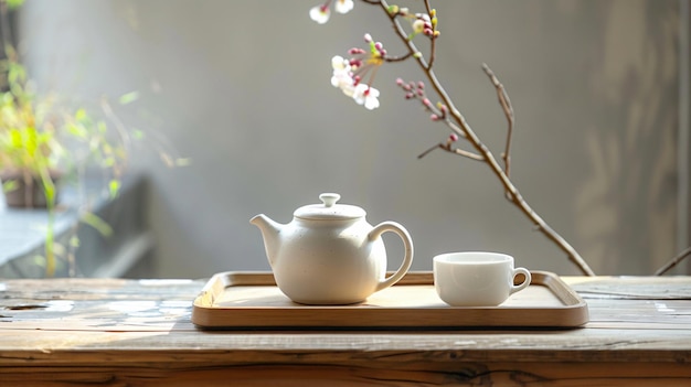 Una tetera de cerámica blanca y una taza de té en una bandeja de madera lisa