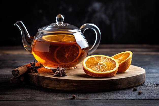 Una tetera de cristal con una taza de té y rodajas de naranja sobre una mesa de madera.