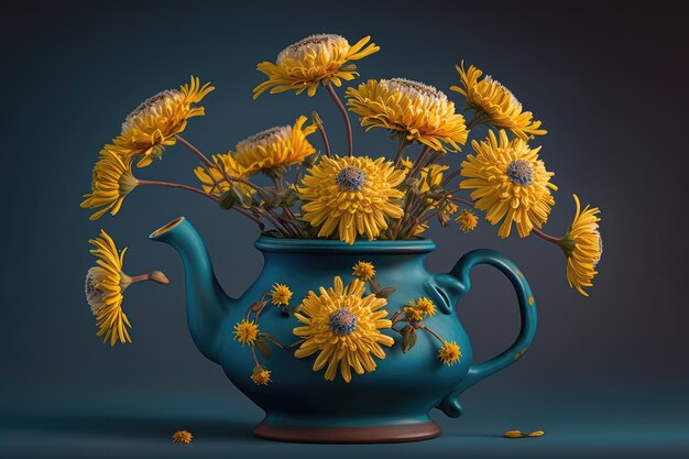 Tetera con flores amarillas sobre un fondo azul creada con ai generativo