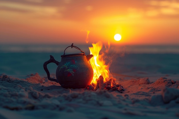 Una tetera y un fuego ardiente en el desierto al atardecer con IA generada