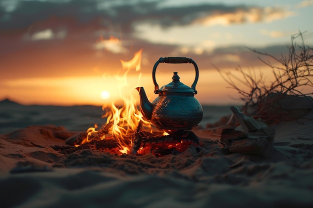 Una tetera y un fuego ardiente en el desierto al atardecer con IA generada