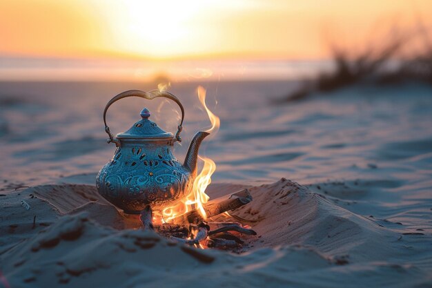 Una tetera y un fuego ardiente en el desierto al atardecer con IA generada