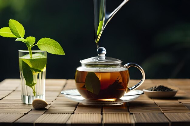 una tetera con una hoja verde encima y una taza de té sobre la mesa.