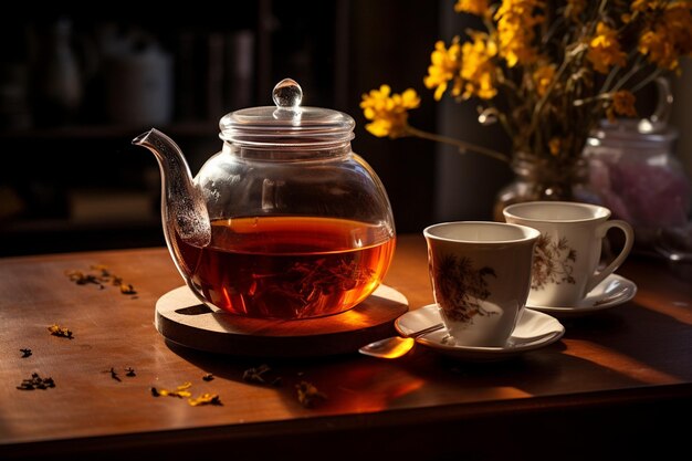 Foto una tetera con hojas sueltas de té en remojo