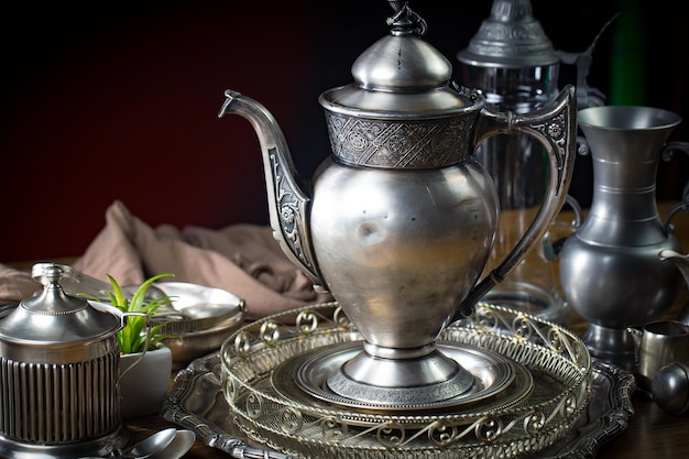 Una tetera de plata en un plato con una planta verde