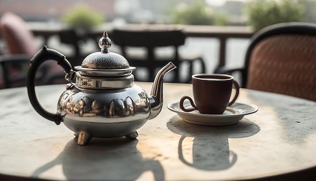 Una tetera plateada y una taza de café se sientan en una mesa frente a un balcón.