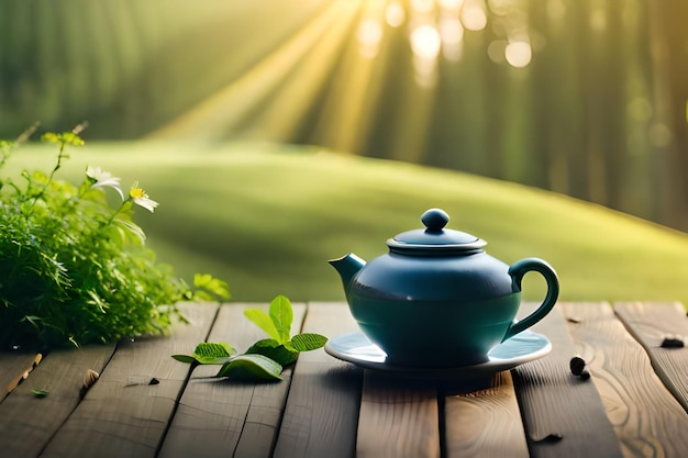 tetera y una taza de té en una mesa de madera