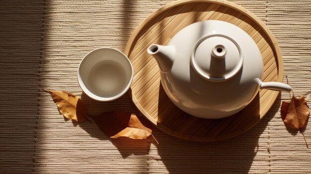 Una tetera y una taza de té se sientan en una bandeja con una hoja.