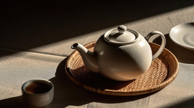 Una tetera y una taza de té se sientan en una bandeja.