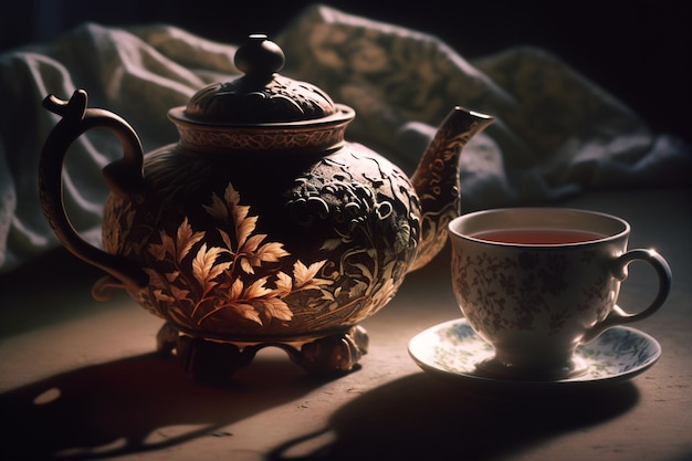 Una tetera y una taza de té se sientan en una mesa frente a una manta.