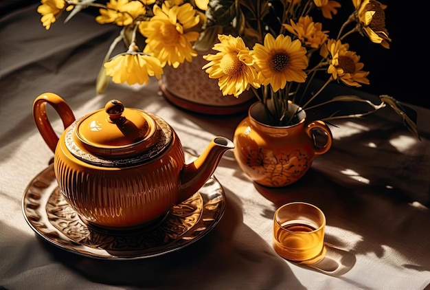 una tetera con tazas y flores amarillas sobre una mesa al estilo de los temas culturales chinos