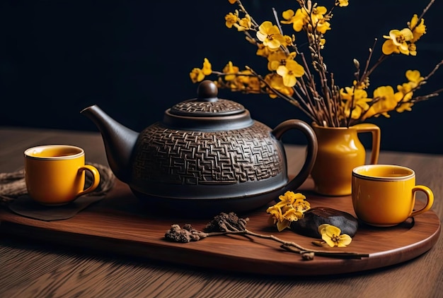 una tetera con tazas y flores amarillas sobre una mesa al estilo de los temas culturales chinos