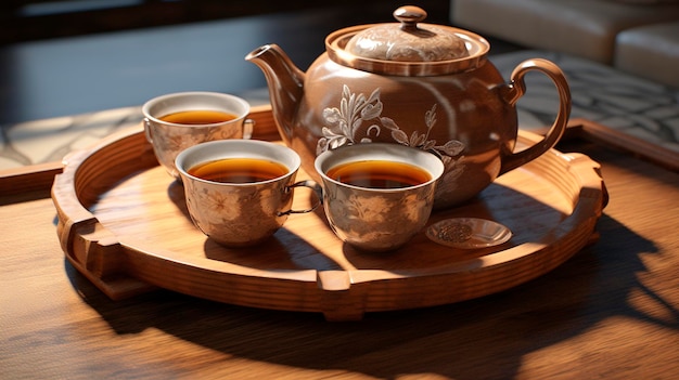 Tetera y tazas de té en una bandeja acogedora