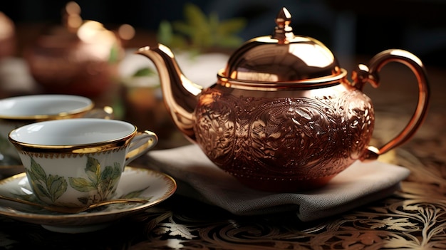 Tetera y tazas de té con hojas de té