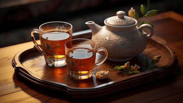 Tetera y tazas de té en una mesa rústica