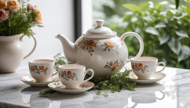 una tetera y una tetera en una mesa con flores