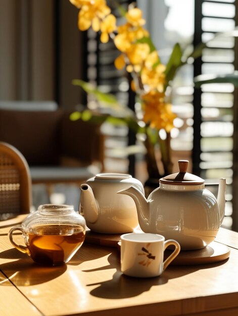 una tetera y una tetera en una mesa con una tetera de té.