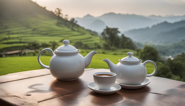 una tetera y una tetera sentados en una mesa con una taza de té