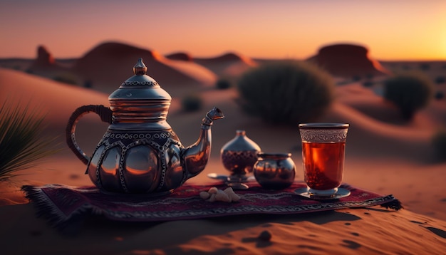 Una tetera y un vaso de té se sientan en una mesa de desierto.
