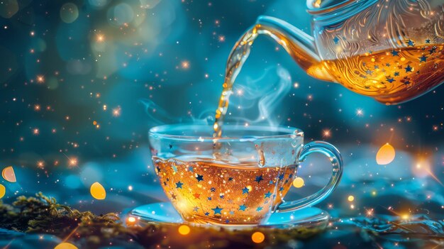 La tetera vertiendo un río de estrellas en una taza de té cósmica