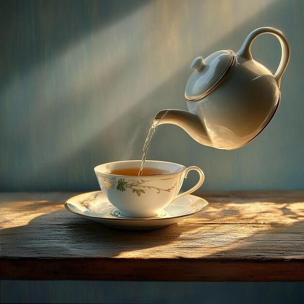 una tetera vertiendo té en una taza con una tetera en una mesa