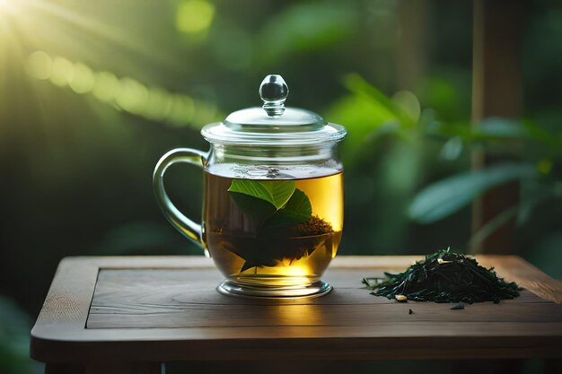 una tetera de vidrio con una bolsita de té sobre la mesa