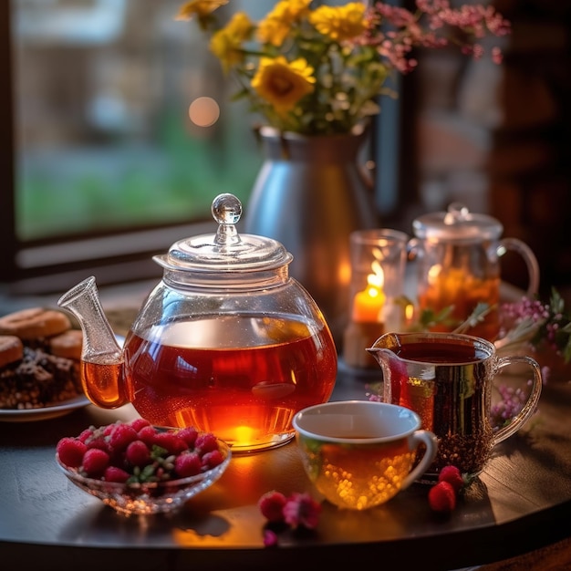 tetera de vidrio liso con té de frutas