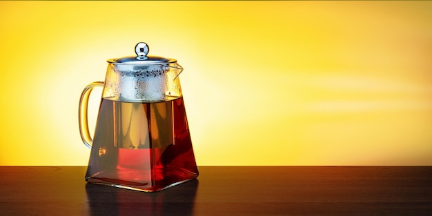 Tetera de vidrio con té caliente sobre fondo dorado con espacio para copiar