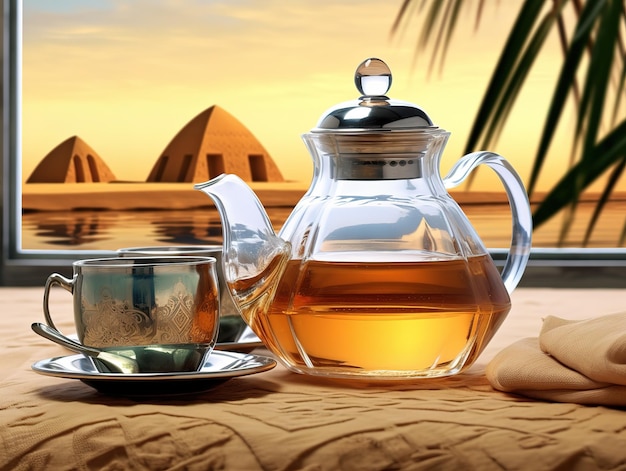 Una tetera de vidrio con té junto a una taza de té