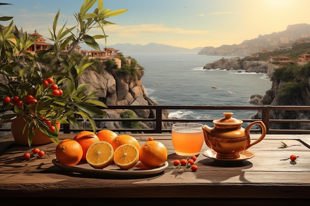Tetera y zumo de naranja sobre una mesa en la terraza IA generativa