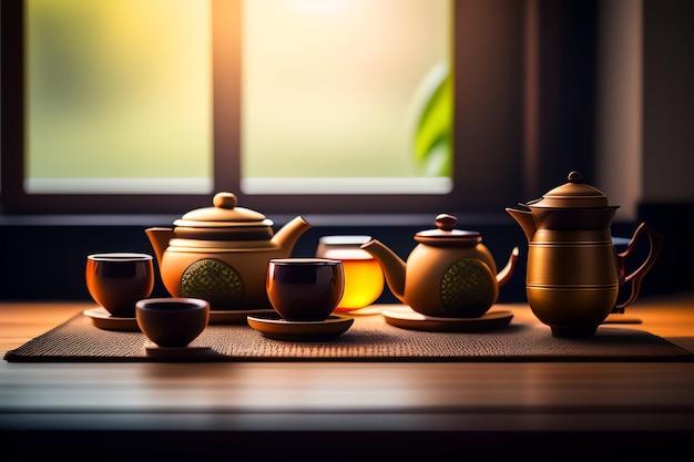 Foto teteras y tazas en una mesa con una ventana al fondo