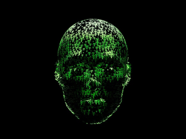 Tether Crypto Face Head Cyborg Abstract Furistic Holograma Tecnología 3D Render