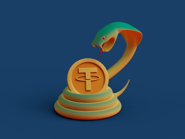 Tether Crypto Letter T Serpent Snake Hiss Coil Guard Danger Strike Ilustração 3D