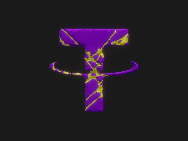 Tether Crypto Letter T Voronoi Extrude Crack Ilustración 3D abstracta