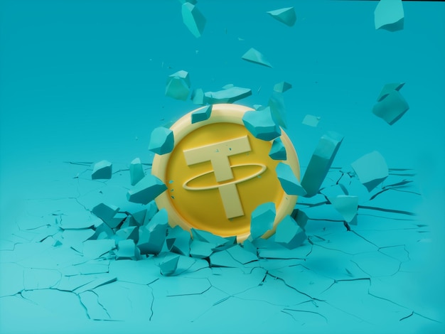 Tether Ground Crash Destruction Collapse Crack Break Crypto Currency 3D Illustration Render